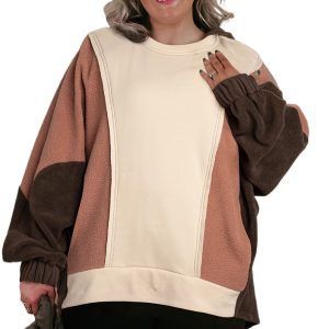 Plus Size Brown Colorblock Hoodie with Exposed Seams - Main View