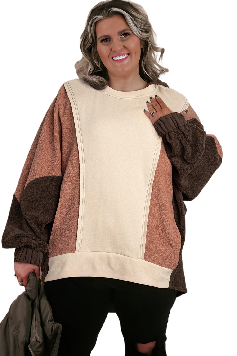 Plus Size Brown Colorblock Hoodie with Exposed Seams - Main View Plus Size Brown Colorblock Hoodie with Exposed Seams - Main View