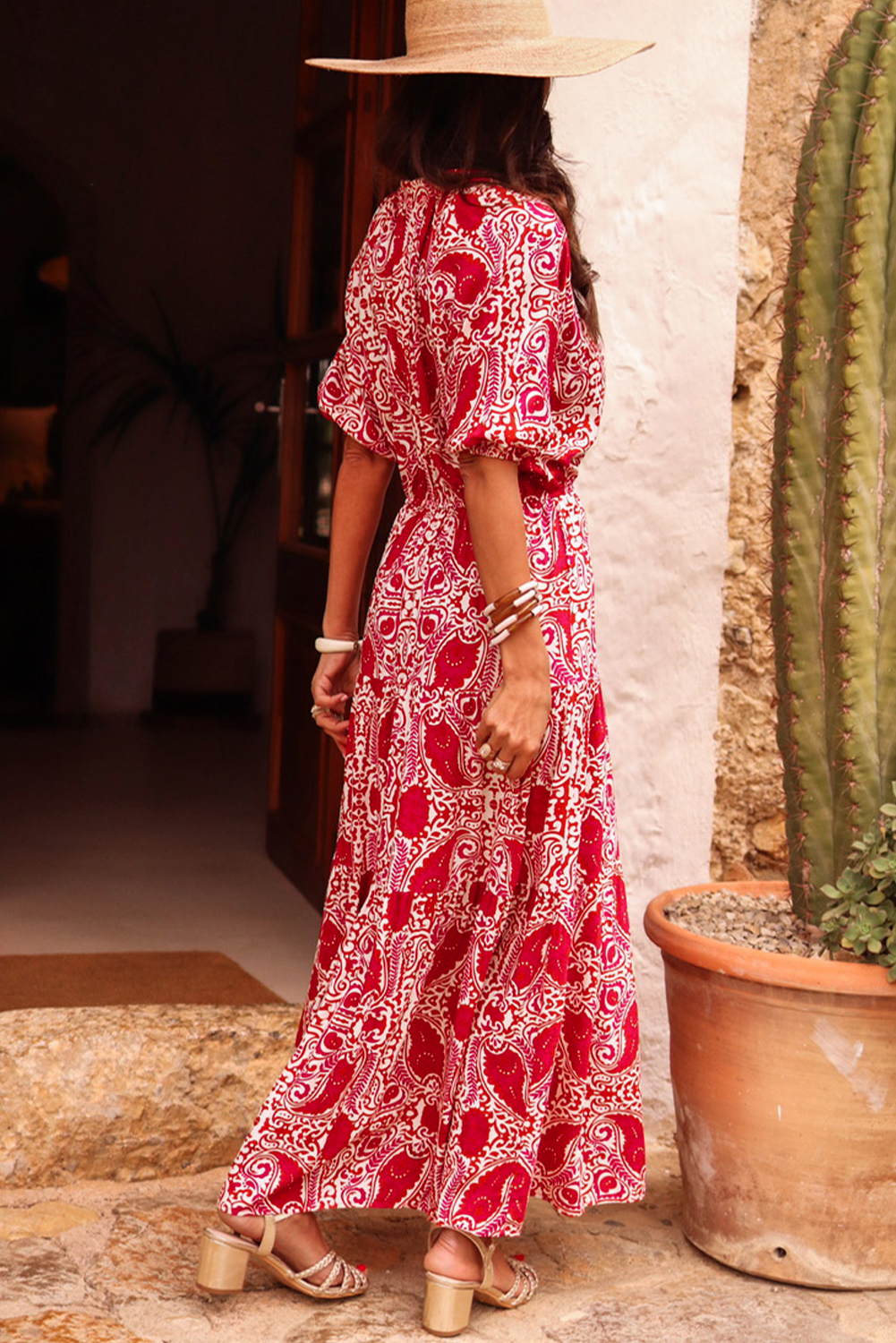 Bohemian Style Long Maxi Dress - Flattering V Neck and Chic Puff Sleeves - Detail View 2 Bohemian Style Long Maxi Dress - Flattering V Neck and Chic Puff Sleeves - Detail View 2