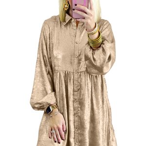 Women's Apricot Metallic Sheen Puff Sleeve Button Up Mini Shirt Dress - Main View