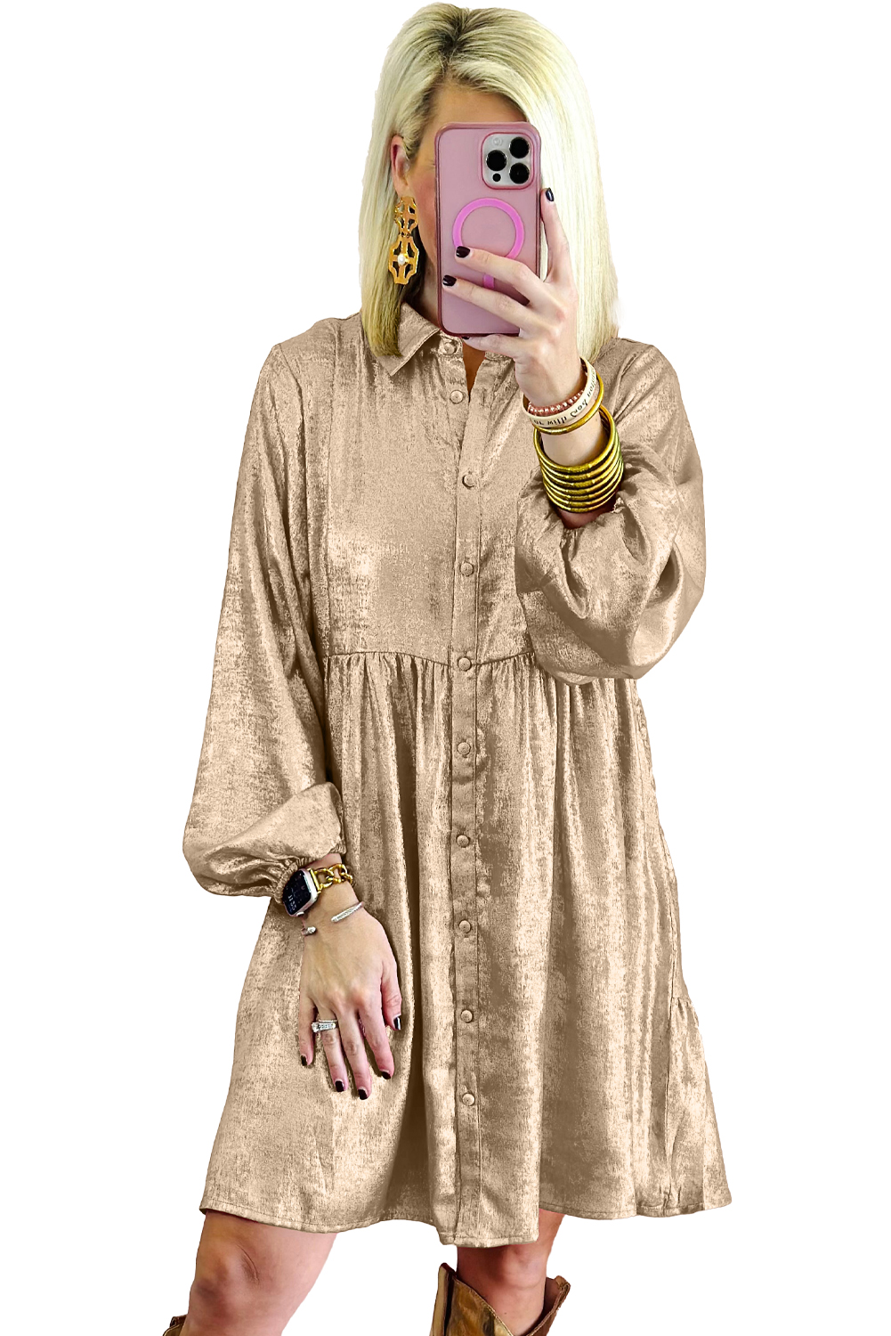 Women's Apricot Metallic Sheen Puff Sleeve Button Up Mini Shirt Dress - Main View Women's Apricot Metallic Sheen Puff Sleeve Button Up Mini Shirt Dress - Main View