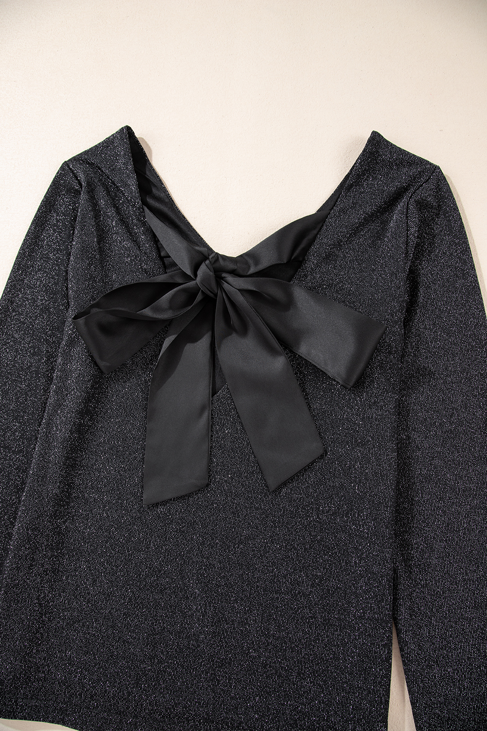 Women's Metallic Black Bowknot Open Back V Neck Long Sleeve Top - Detail View 16 Women's Metallic Black Bowknot Open Back V Neck Long Sleeve Top - Detail View 16