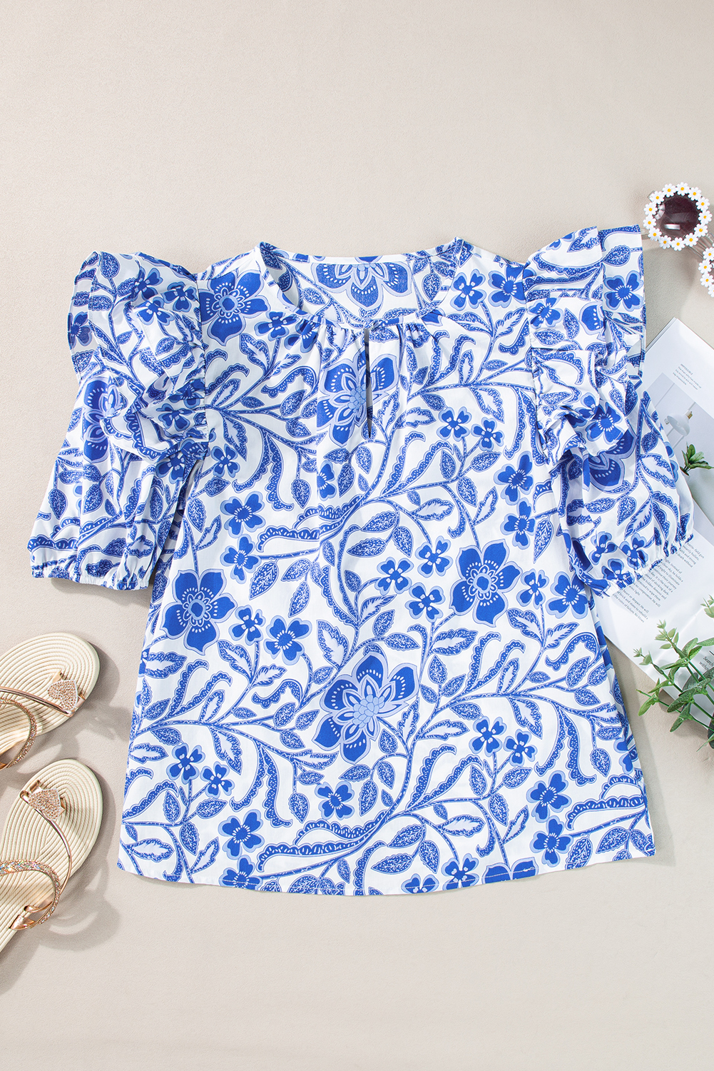 Chic Floral Blouse: Dark Blue Ruffled Bubble Sleeve Top for Women - Detail View 7 Chic Floral Blouse: Dark Blue Ruffled Bubble Sleeve Top for Women - Detail View 7