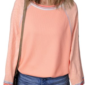 Women's Grapefruit Orange Waffle Knit Wide Bracelet Sleeve Raglan Top - Main View