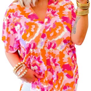 Women's Stylish Rose Red Abstract Print V-Neck Summer Blouse - Main View