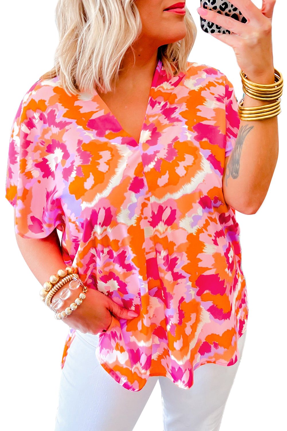 Women's Stylish Rose Red Abstract Print V-Neck Summer Blouse - Main View Women's Stylish Rose Red Abstract Print V-Neck Summer Blouse - Main View