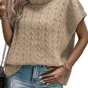 Women's Cable Knit Sweater, Light French Beige Turtleneck Top - Main View