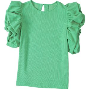 Women's Green Ribbed Blouse, Ruffle Sleeve Casual Top - Main View