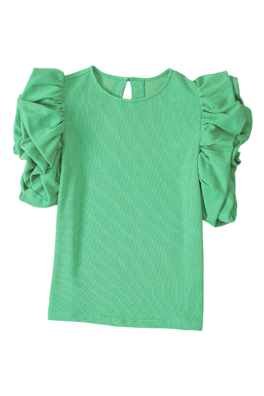 Women's Green Ribbed Blouse, Ruffle Sleeve Casual Top - Main View Women's Green Ribbed Blouse, Ruffle Sleeve Casual Top - Main View