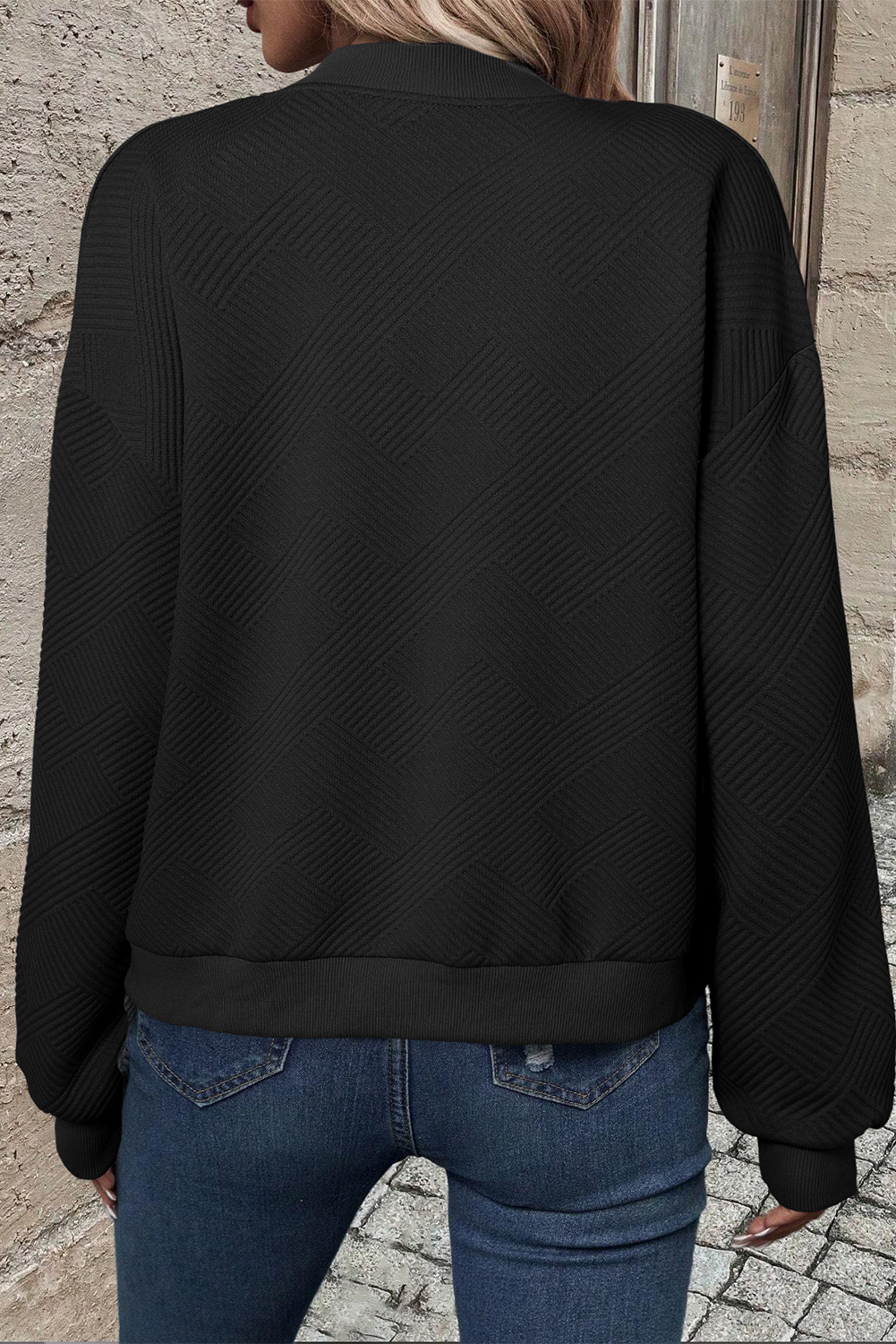 Add a Touch of Elegance to Your Outfit with this Textured Stand Neck Bomber Jacket - Detail View 3 Add a Touch of Elegance to Your Outfit with this Textured Stand Neck Bomber Jacket - Detail View 3