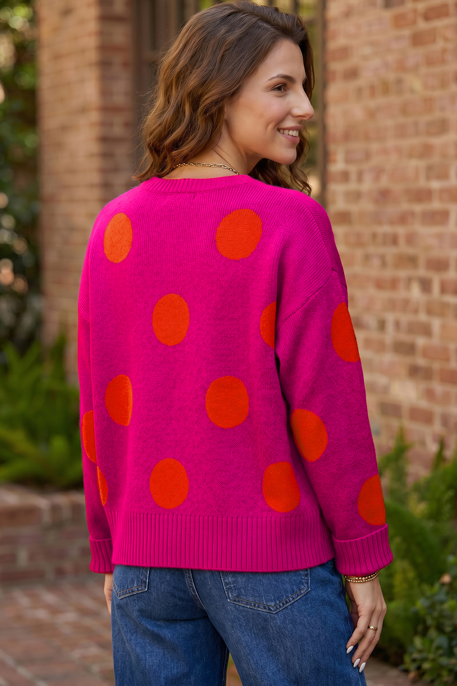 Soft Polka Dot Knit Sweater, Trendy Strawberry Pink Crewneck - Detail View 2 Soft Polka Dot Knit Sweater, Trendy Strawberry Pink Crewneck - Detail View 2
