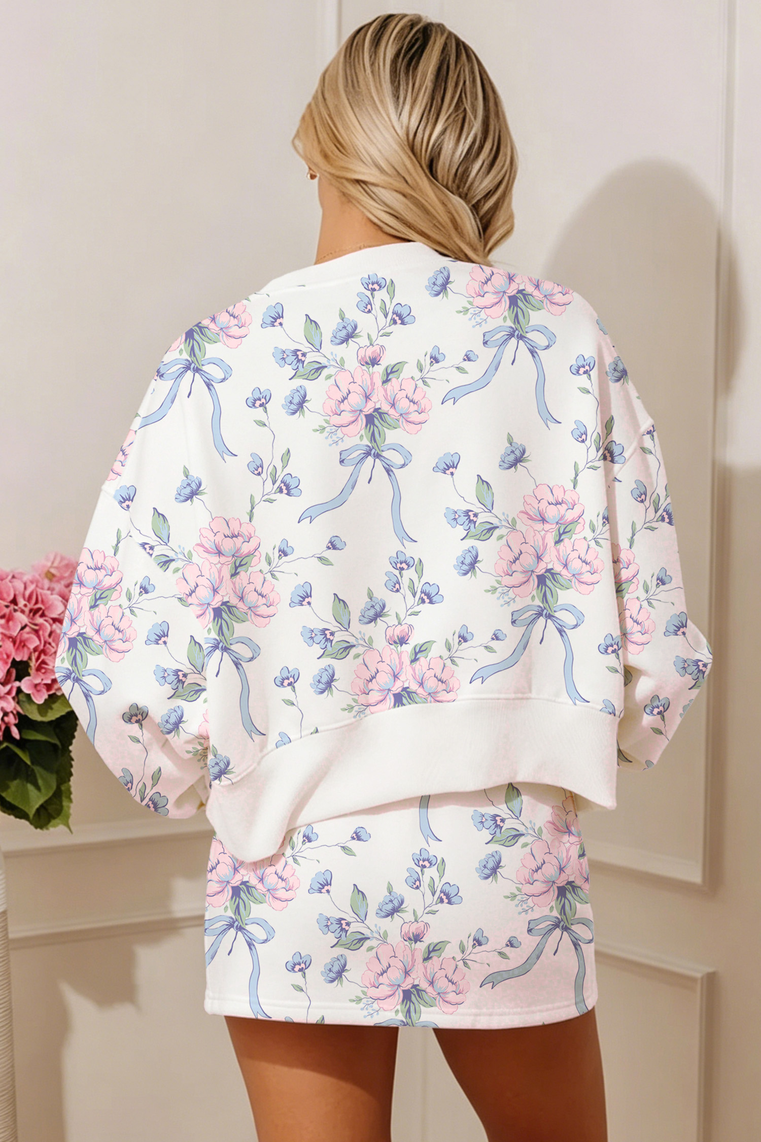 White Floral Print Two Piece Set, Long Sleeve Top With Skort - Detail View 2 White Floral Print Two Piece Set, Long Sleeve Top With Skort - Detail View 2