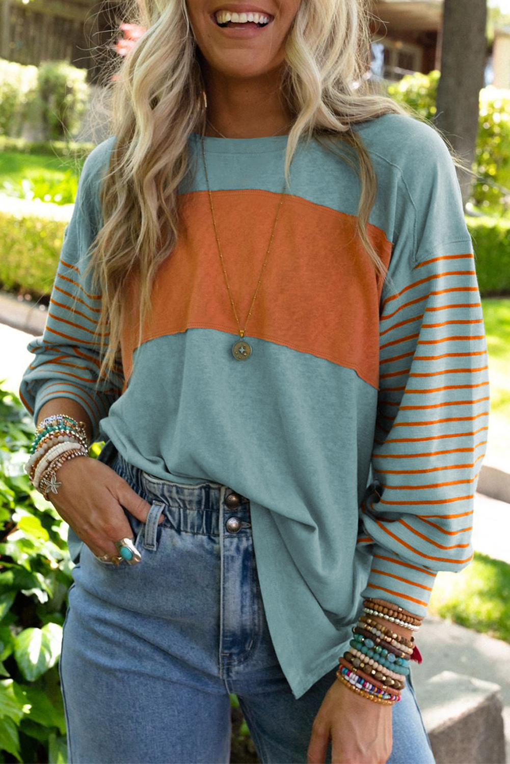 Women's Striped Colorblock Top, Casual Long Sleeve Crewneck - Detail View 10 Women's Striped Colorblock Top, Casual Long Sleeve Crewneck - Detail View 10