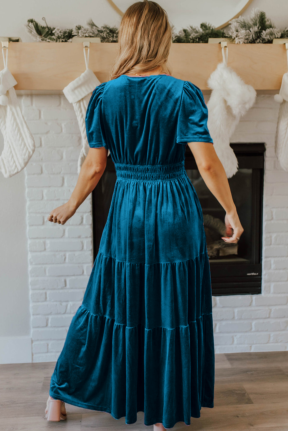 Chic Prussian Blue Velvet Maxi Dress with Short Sleeves and V Neck - Perfect for Weddings - Detail View 2 Chic Prussian Blue Velvet Maxi Dress with Short Sleeves and V Neck - Perfect for Weddings - Detail View 2