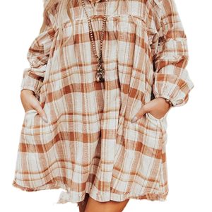 Women's Brown Plaid Print Frilled Babydoll Mini Dress with Side Pockets - Main View