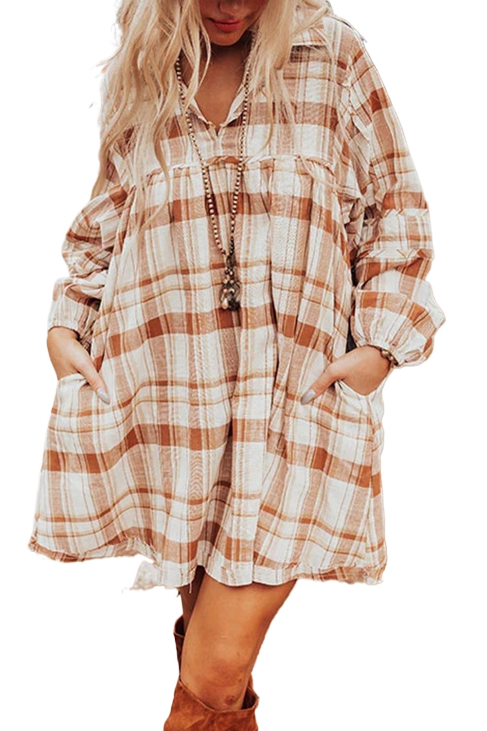 Women's Brown Plaid Print Frilled Babydoll Mini Dress with Side Pockets - Main View Women's Brown Plaid Print Frilled Babydoll Mini Dress with Side Pockets - Main View