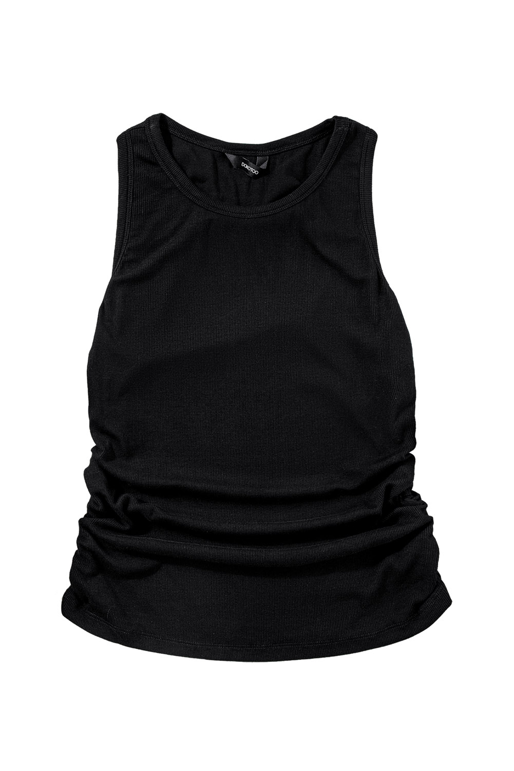 Women's Black Ruched Tank Top, Sleeveless Ribbed Casual Tee - Detail View 13 Women's Black Ruched Tank Top, Sleeveless Ribbed Casual Tee - Detail View 13
