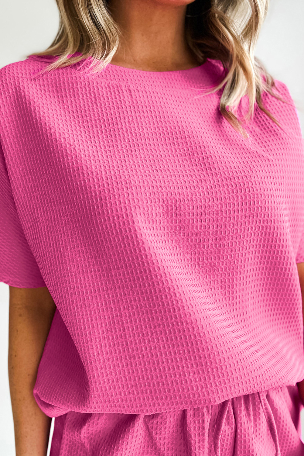 Women's Rose Red Lounge Set, Waffle Knit Tee and Shorts - Detail View 7 Women's Rose Red Lounge Set, Waffle Knit Tee and Shorts - Detail View 7