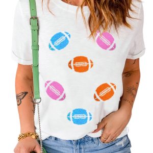 Women's White Rugby Chenille Embroidered Crew Neck T-Shirt - Main View