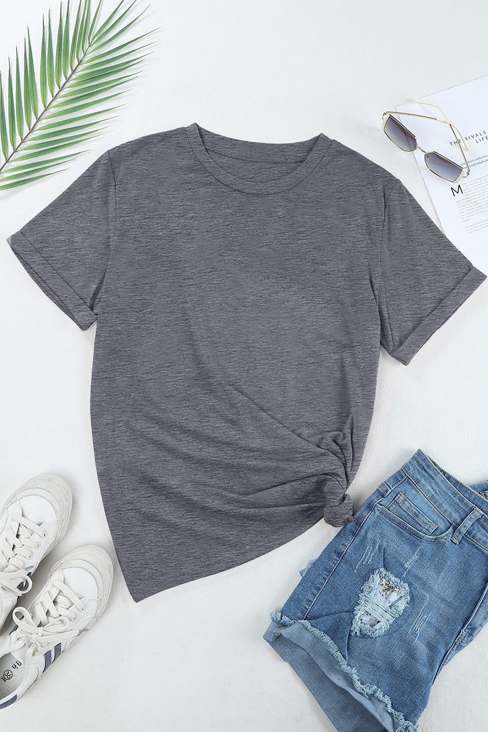 Women's Gray Crew Neck Tee, Casual Short Sleeve Summer Top - Detail View 7 Women's Gray Crew Neck Tee, Casual Short Sleeve Summer Top - Detail View 7