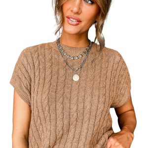 Women's Cable Knit Sweater, Short Sleeve Casual Crew Neck - Main View