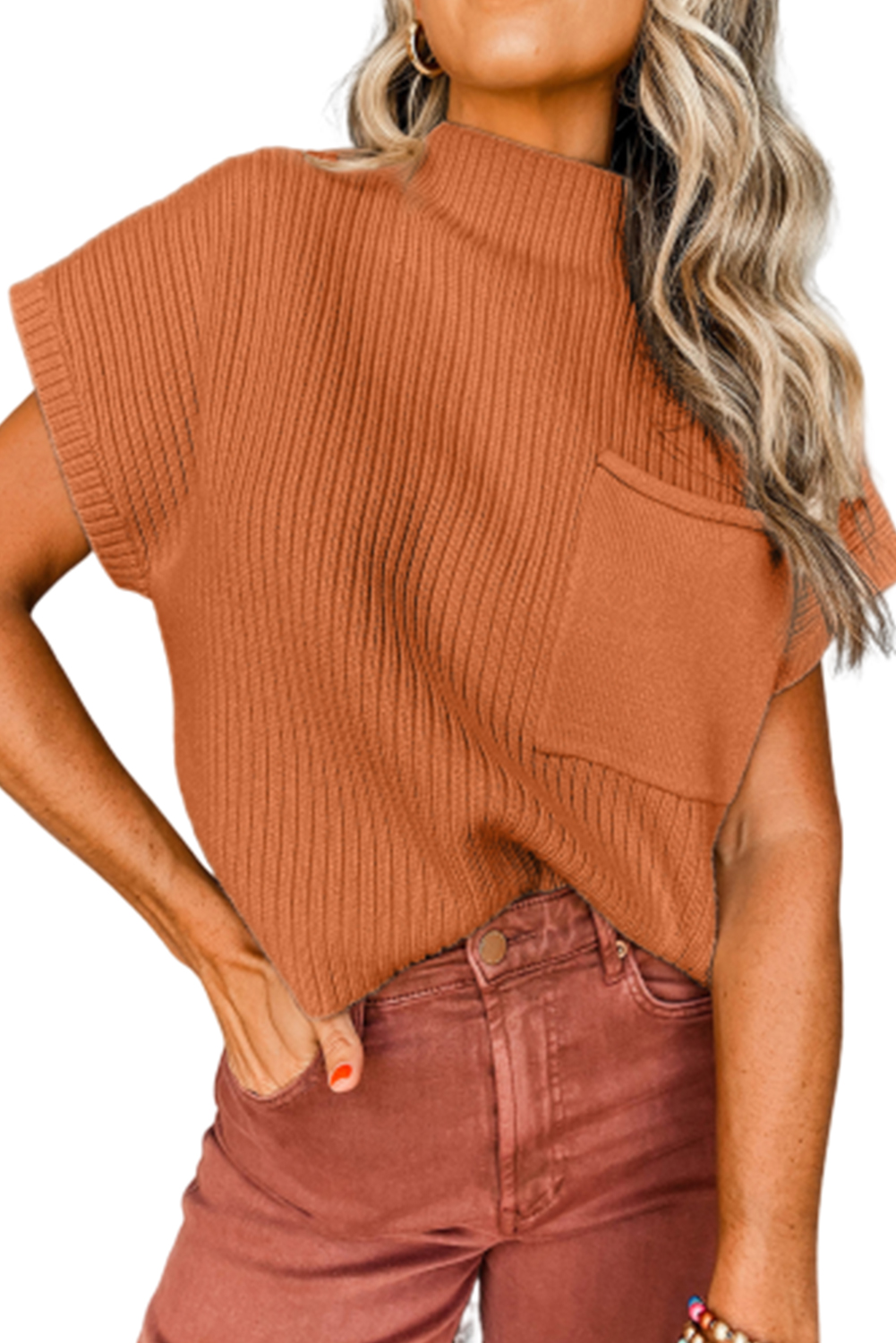 Women's Short Sleeve Knit Top, Casual Fall Mock Neck Style - Detail View 3 Women's Short Sleeve Knit Top, Casual Fall Mock Neck Style - Detail View 3