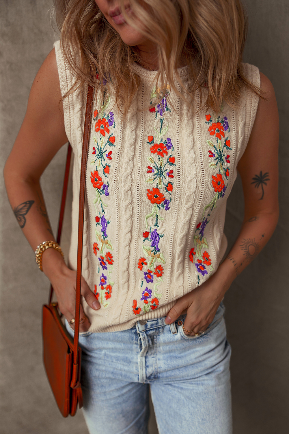 Chic and Cozy Floral Embroidered Sleeveless Sweater Vest in Jet Stream - Detail View 6 Chic and Cozy Floral Embroidered Sleeveless Sweater Vest in Jet Stream - Detail View 6
