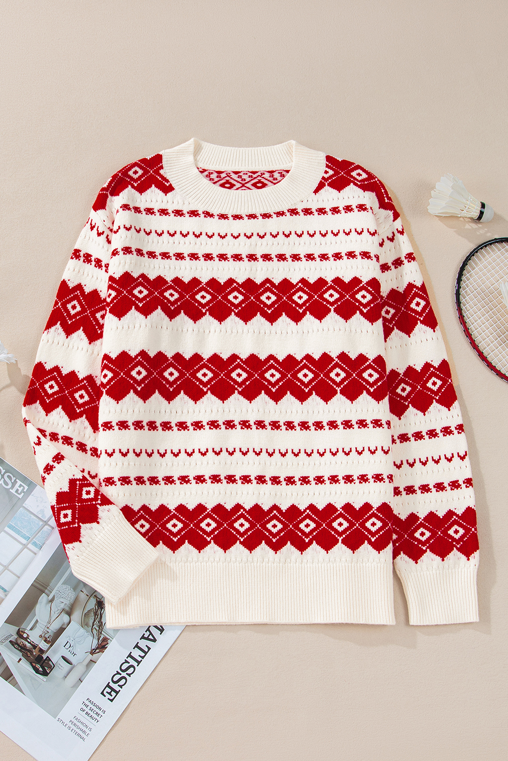 Cozy Geometric Pattern Sweater - White Crew Neck with Long Sleeves - Detail View 6 Cozy Geometric Pattern Sweater - White Crew Neck with Long Sleeves - Detail View 6