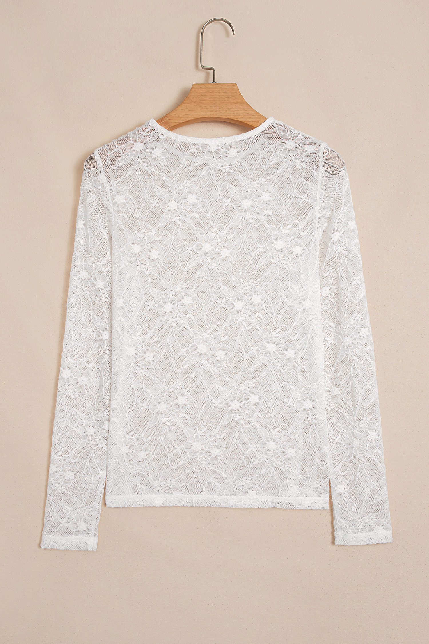 Solid Sheer Mesh Lace Top, Round Neck Long Sleeve Bodice - Detail View 3 Solid Sheer Mesh Lace Top, Round Neck Long Sleeve Bodice - Detail View 3