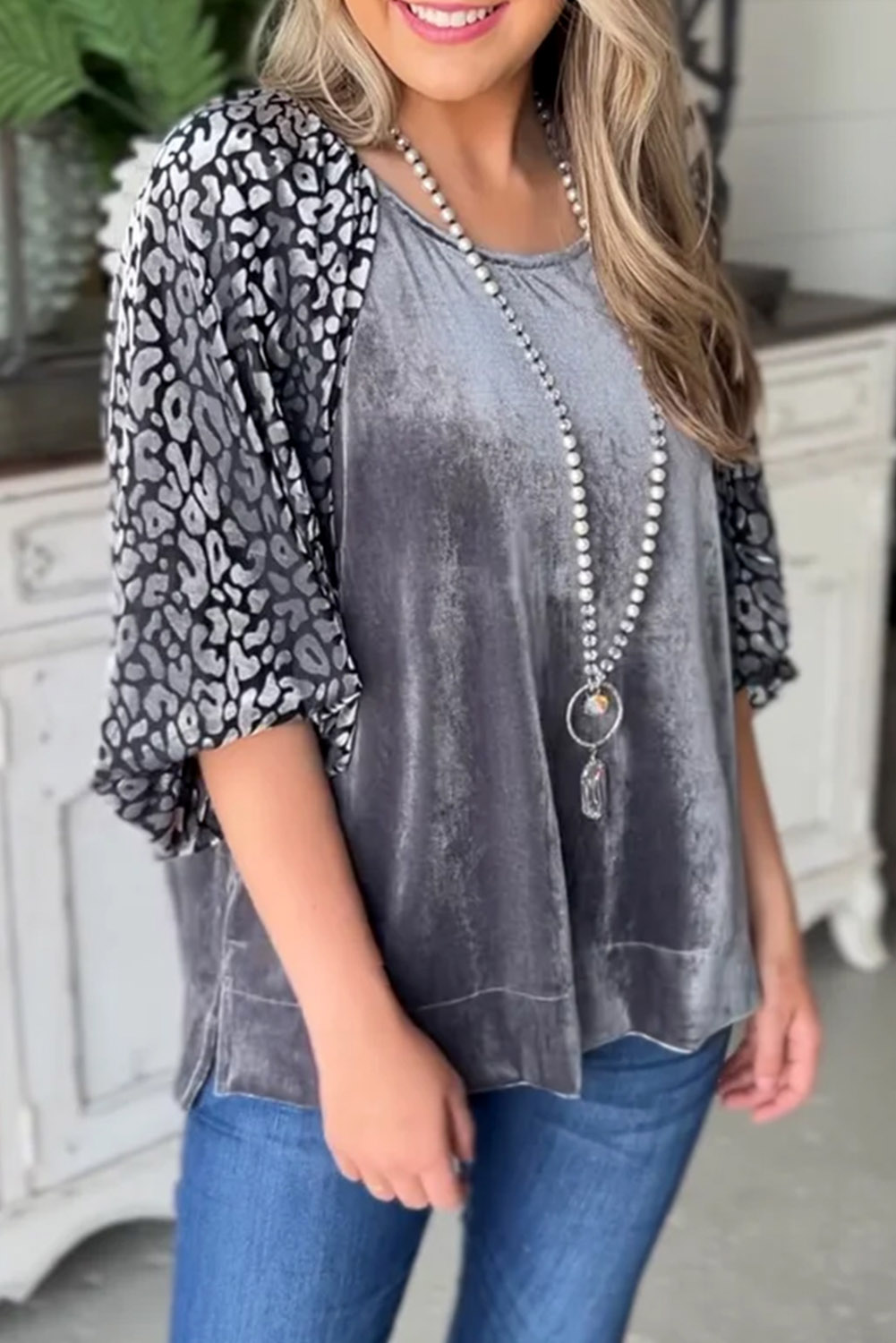Leopard Print Velvet Blouse, Chic Round Neck Autumn Shirt - Detail View 2 Leopard Print Velvet Blouse, Chic Round Neck Autumn Shirt - Detail View 2