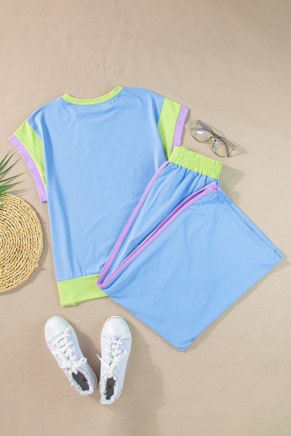 Women's Two-Piece Outfit, Sky Blue, Color Block Detail, Casual, Crop Wide Leg Pants, Cap Sleeve Tee, Loose Fit, Summer Season, Trendy Style, High-Quality Material, Daily Wear, Best Sellers, Fashion, TwoPieceSets, PantSets - Detail View 10 Women's Two-Piece Outfit, Sky Blue, Color Block Detail, Casual, Crop Wide Leg Pants, Cap Sleeve Tee, Loose Fit, Summer Season, Trendy Style, High-Quality Material, Daily Wear, Best Sellers, Fashion, TwoPieceSets, PantSets - Detail View 10