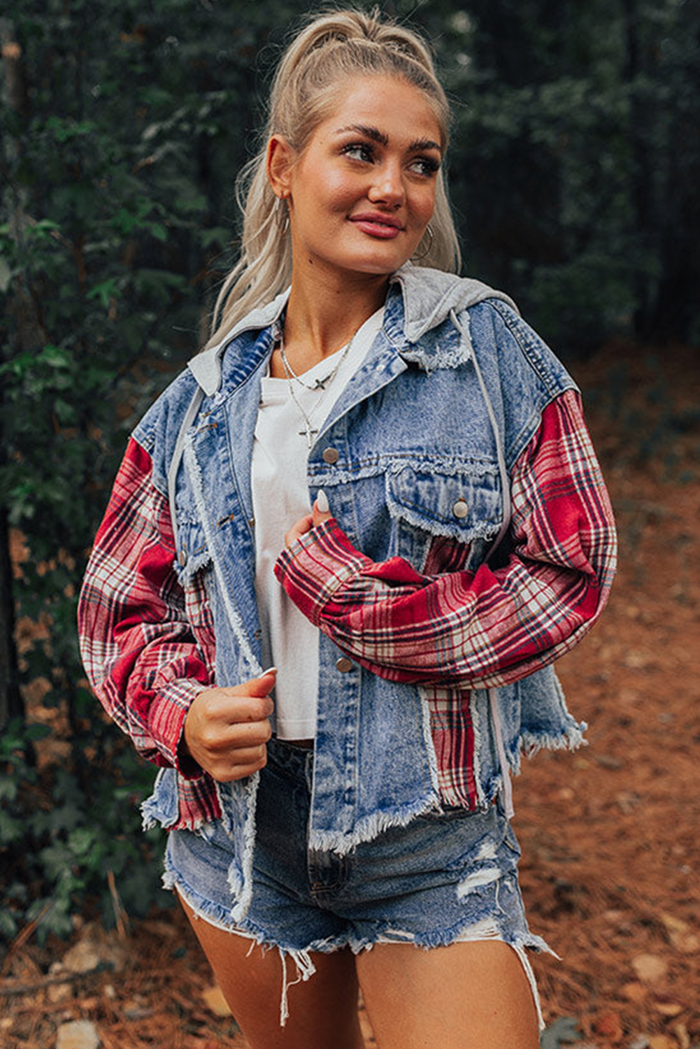 Trendy Long Sleeve Denim Jacket: Beau Blue Plaid Print - Detail View 7 Trendy Long Sleeve Denim Jacket: Beau Blue Plaid Print - Detail View 7