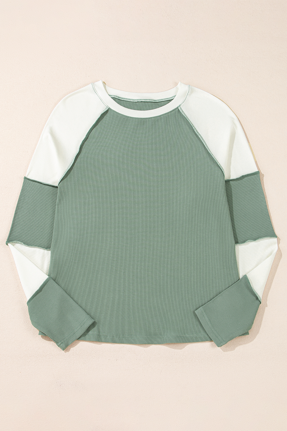 Women's Long Sleeve Top, Mint Green, Ribbed, Colorblock, Patchwork, Casual, Comfortable, Crew Neck, Daily Wear, Fall Fashion, Lightweight, Stretchy Fabric, Unique Design, Tops, Long Sleeve Tops - Detail View 4 Women's Long Sleeve Top, Mint Green, Ribbed, Colorblock, Patchwork, Casual, Comfortable, Crew Neck, Daily Wear, Fall Fashion, Lightweight, Stretchy Fabric, Unique Design, Tops, Long Sleeve Tops - Detail View 4