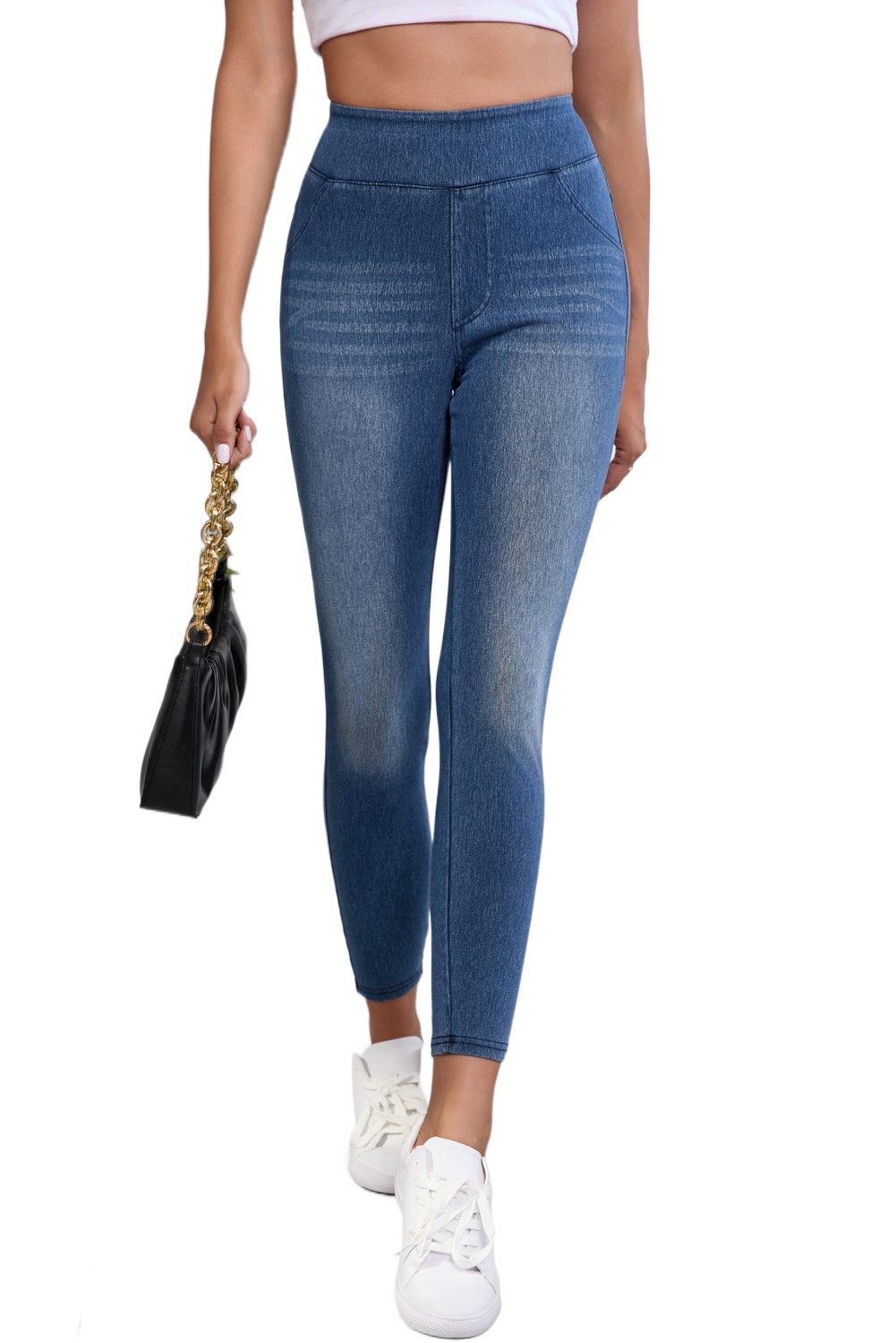 Navy Blue Women's Skinny Jeggings with Pockets - Flexible Fit and Comfortable Design - Main View Navy Blue Women's Skinny Jeggings with Pockets - Flexible Fit and Comfortable Design - Main View