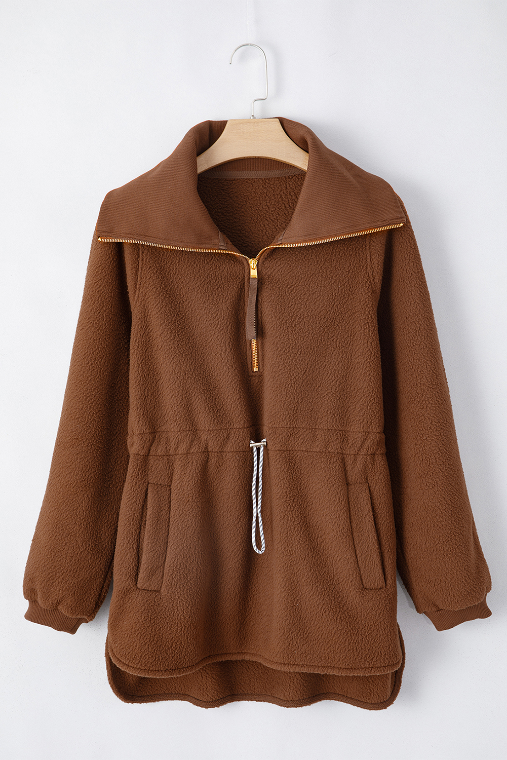 Women's Sweatshirt, Brown Pullover, Half Zip, Fleece, Casual Wear, Cozy, Daily Outfits, Long Sleeve, Tunic Waist, Fashionable, Solid Color, Winter Style, Comfortable, Tops, Sweatshirts & Hoodies - Detail View 4 Women's Sweatshirt, Brown Pullover, Half Zip, Fleece, Casual Wear, Cozy, Daily Outfits, Long Sleeve, Tunic Waist, Fashionable, Solid Color, Winter Style, Comfortable, Tops, Sweatshirts & Hoodies - Detail View 4