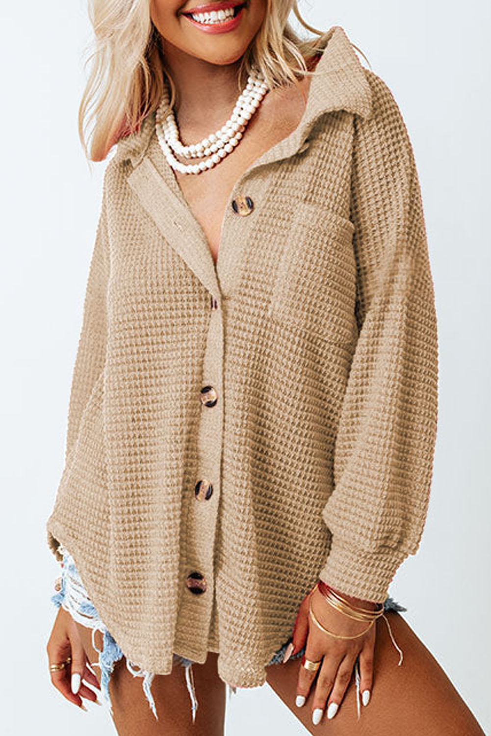 Casual Waffle Knit Button Down, Khaki Long Sleeve Blouse - Detail View 11 Casual Waffle Knit Button Down, Khaki Long Sleeve Blouse - Detail View 11
