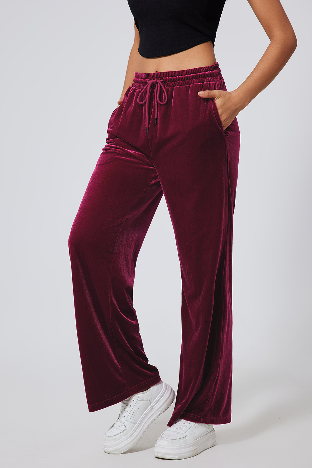 Stylish High Waist Wide Leg Pants - Burgundy Solid Color - Detail View 7 Stylish High Waist Wide Leg Pants - Burgundy Solid Color - Detail View 7