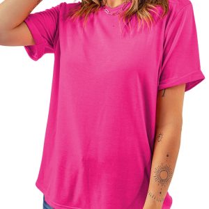 Women's Rose Red Tee, Casual Solid Crew Neck Short Sleeve - Main View