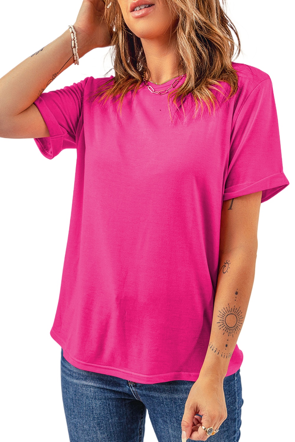 Women's Rose Red Tee, Casual Solid Crew Neck Short Sleeve - Main View Women's Rose Red Tee, Casual Solid Crew Neck Short Sleeve - Main View