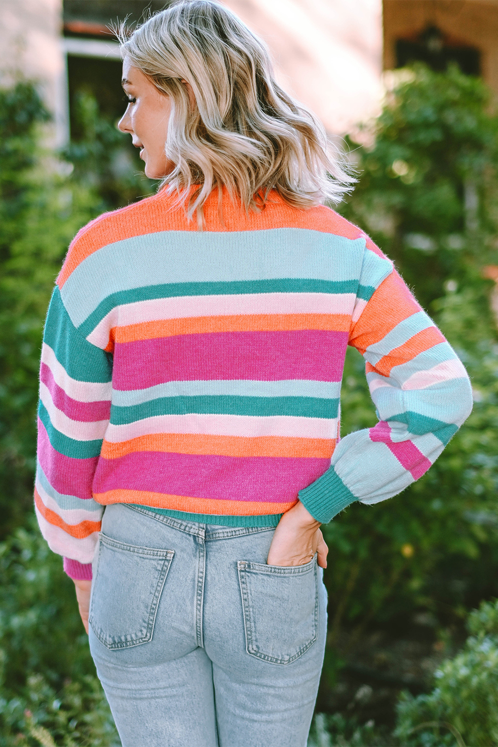 Vibrant Striped Drop Shoulder Sweater, Women's Cozy Knitwear - Detail View 3 Vibrant Striped Drop Shoulder Sweater, Women's Cozy Knitwear - Detail View 3