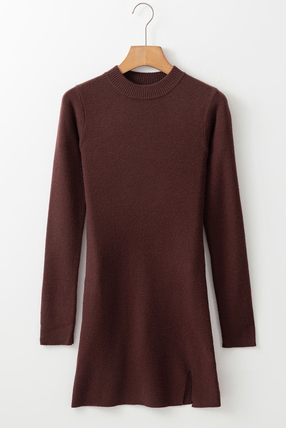 Women's Coffee Slim Fit Mock Neck Side Slit Sweater Dress - Detail View 6 Women's Coffee Slim Fit Mock Neck Side Slit Sweater Dress - Detail View 6