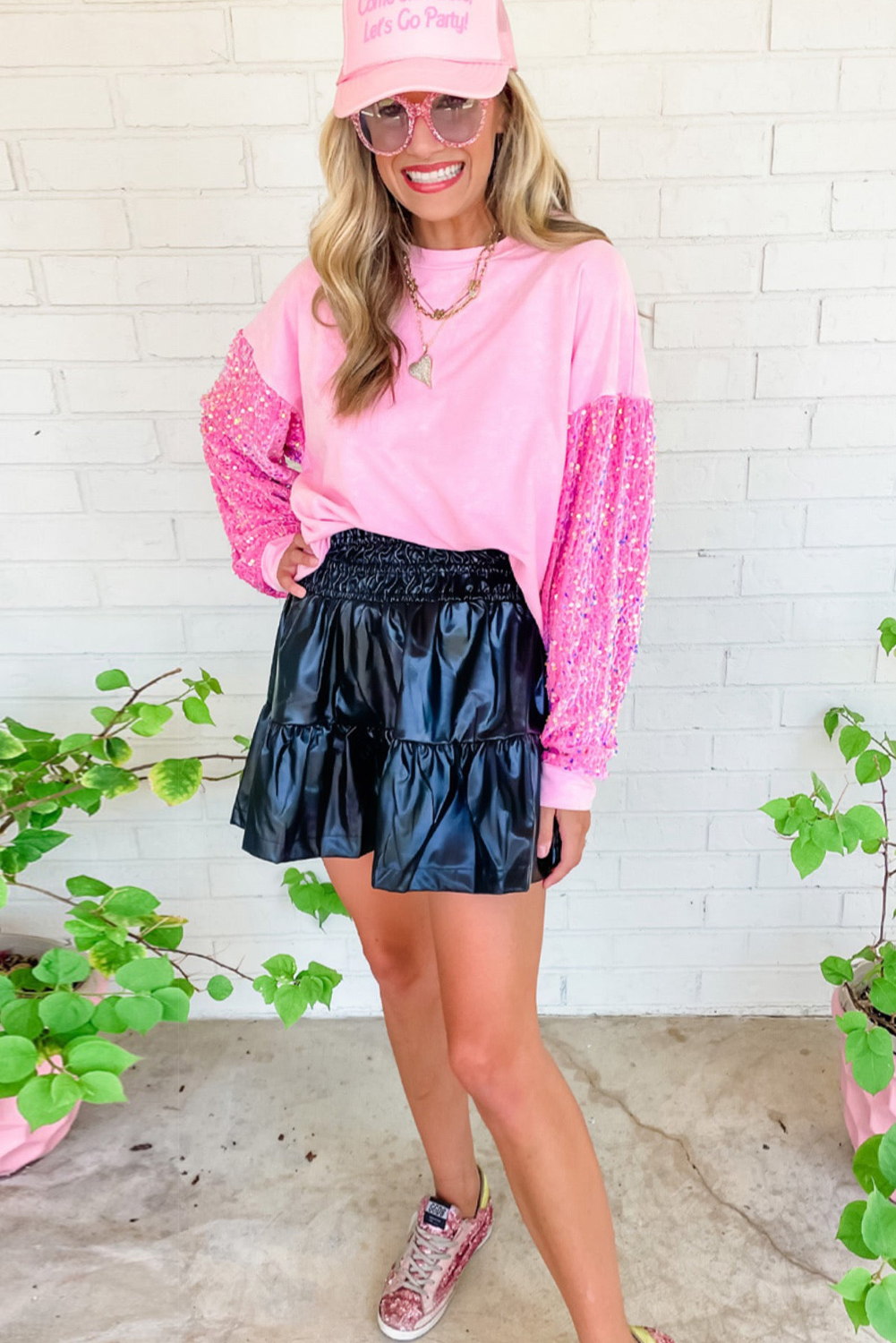 Women's Pink Sequin Sleeve Top, Casual Round Neck Pullover - Detail View 7 Women's Pink Sequin Sleeve Top, Casual Round Neck Pullover - Detail View 7
