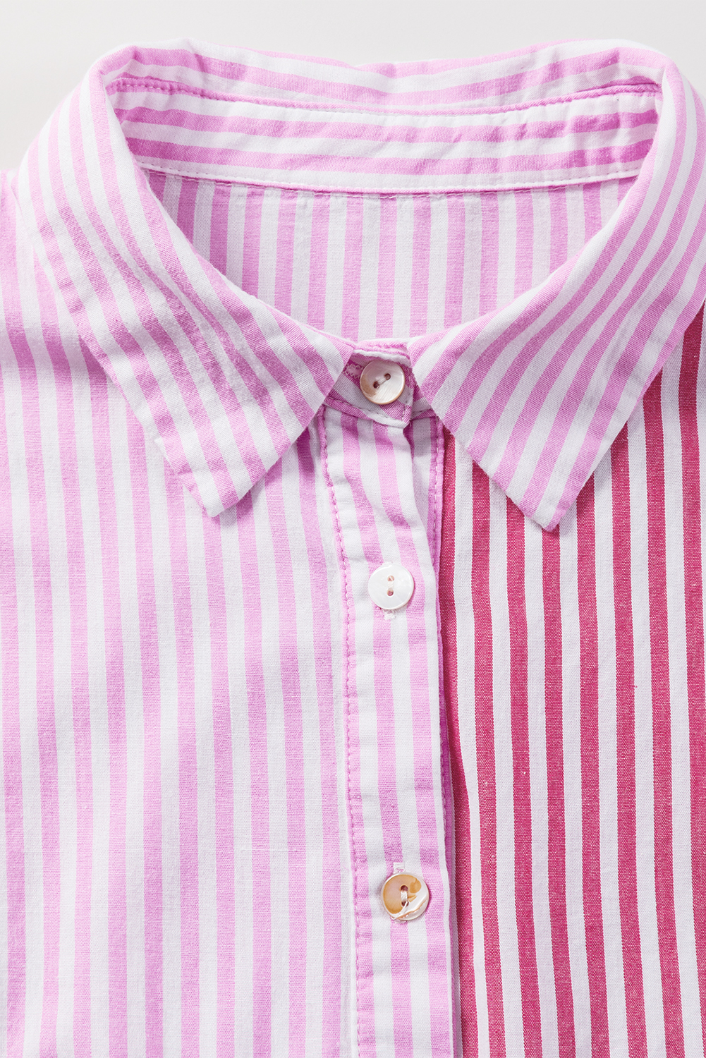 Women's Pink Stripe Blouse, Ruffled Patchwork Button Down - Detail View 13 Women's Pink Stripe Blouse, Ruffled Patchwork Button Down - Detail View 13