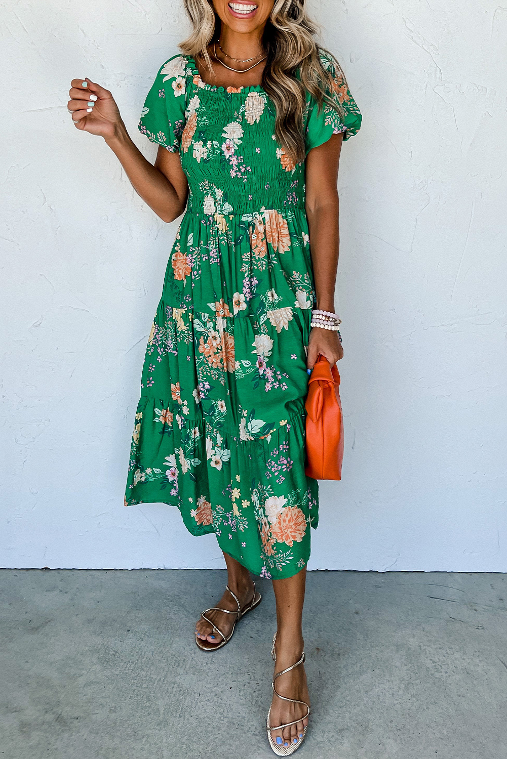 Floral Tiered Midi Dress, Smocked Waist Summer Casual Style - Detail View 2 Floral Tiered Midi Dress, Smocked Waist Summer Casual Style - Detail View 2