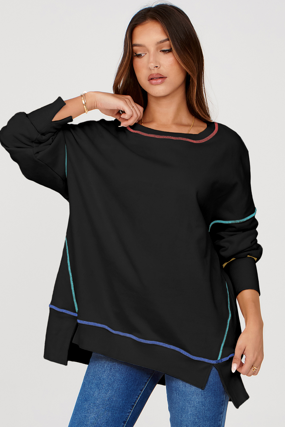 Women's Contrast Stitch Sweatshirt, Oversized Long Sleeve Top - Detail View 7 Women's Contrast Stitch Sweatshirt, Oversized Long Sleeve Top - Detail View 7