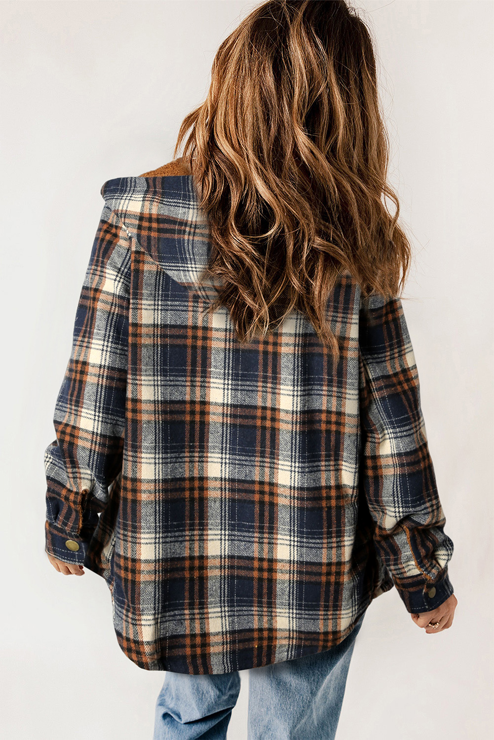 Casual Plaid Sherpa Lined Shacket, Warm Women's Outerwear - Detail View 3 Casual Plaid Sherpa Lined Shacket, Warm Women's Outerwear - Detail View 3