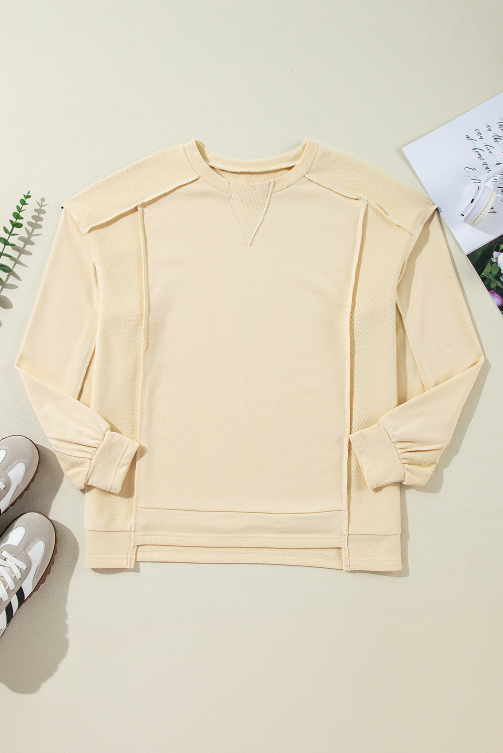 Cozy Beige Sweatshirt with Splicing Details - Round Neck Pullover Style - Detail View 7 Cozy Beige Sweatshirt with Splicing Details - Round Neck Pullover Style - Detail View 7
