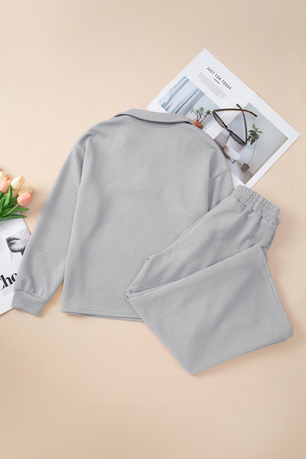 Women's Light Grey Solid Textured Collared V-Neck Top and Wide Leg Pants Set - Detail View 11 Women's Light Grey Solid Textured Collared V-Neck Top and Wide Leg Pants Set - Detail View 11