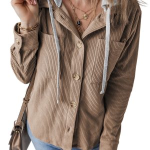 Women's Pale Khaki Corduroy Hooded Drawstring Shacket - Main View