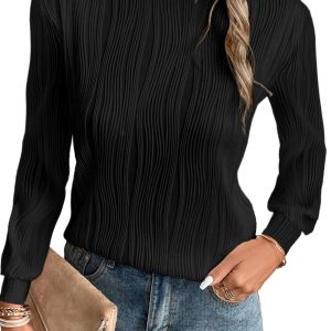 Women's Black Textured Wavy Round Neck Long Sleeve Top - Main View